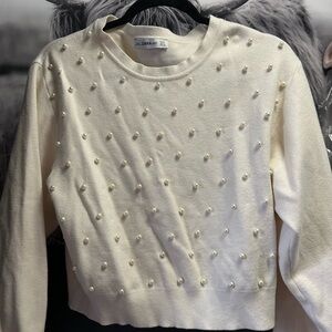 Zara Cream Pearl-Detail Knit Sweater
